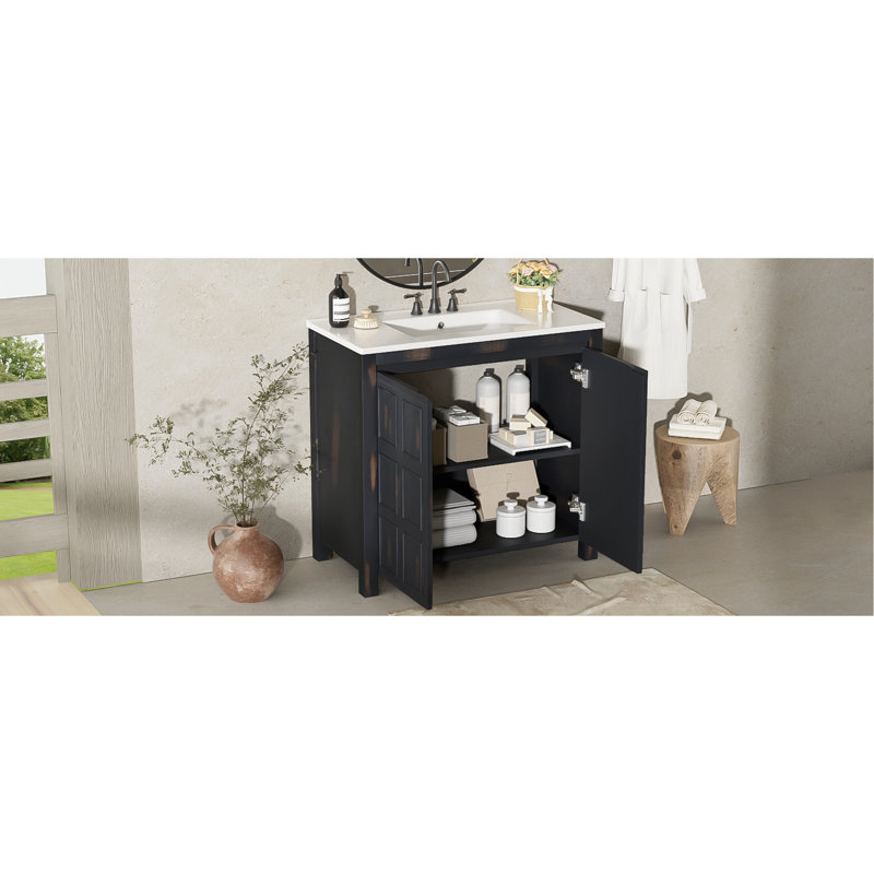 Meuble-lavabo avec lavabo Valles, finition, bois massif fait à la main, apparence vieillie, espace de rangement généreux, compartiments spacieux fabriqués à la main