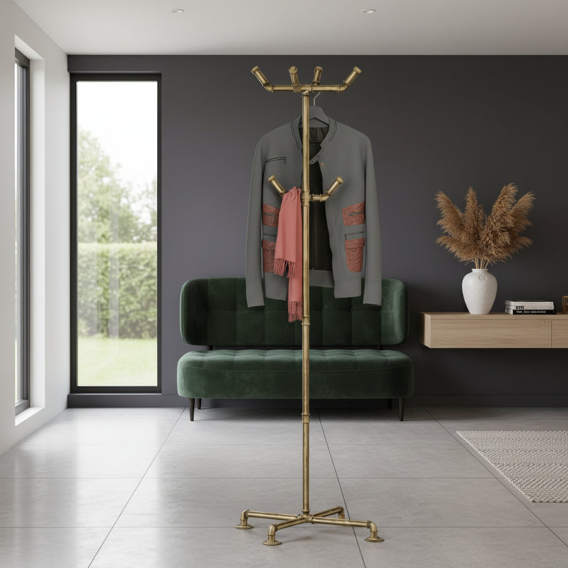 Retro Gold Industrial Style Metal Coat Rack, With 6 Hooks For Convenient Hanging, Independent Heavy-Duty Design, Sturdy And Durable, Suitable For Various Spaces.