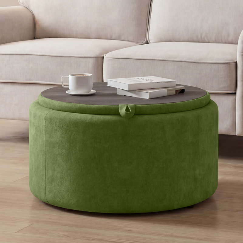 27.5'' Upholstered Round Tufted Ottoman With Storage, Velvet - Green