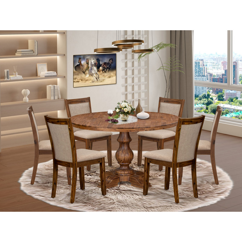 L'ensemble de salle à manger moderne 7 pièces se compose d'une table de salle à manger à piédestal et de 6 chaises de salle à manger en tissu de lin brun clair avec dossier rembourré - noyer antique