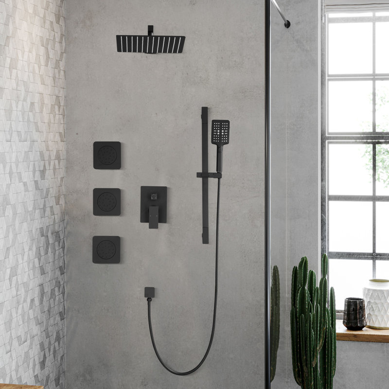 Shower System With 3 Body Jets,12 Inch Wall Mounted Rainfall Shower Set Rain Shower Head And Handheld Spray, Matte Black