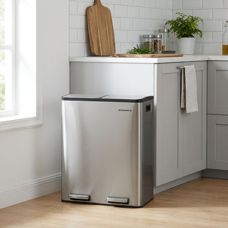 Ensemble de poubelles à double compartiment en acier inoxydable 2 x 8 gallons avec seaux intérieurs et sac poubelle, Argent
