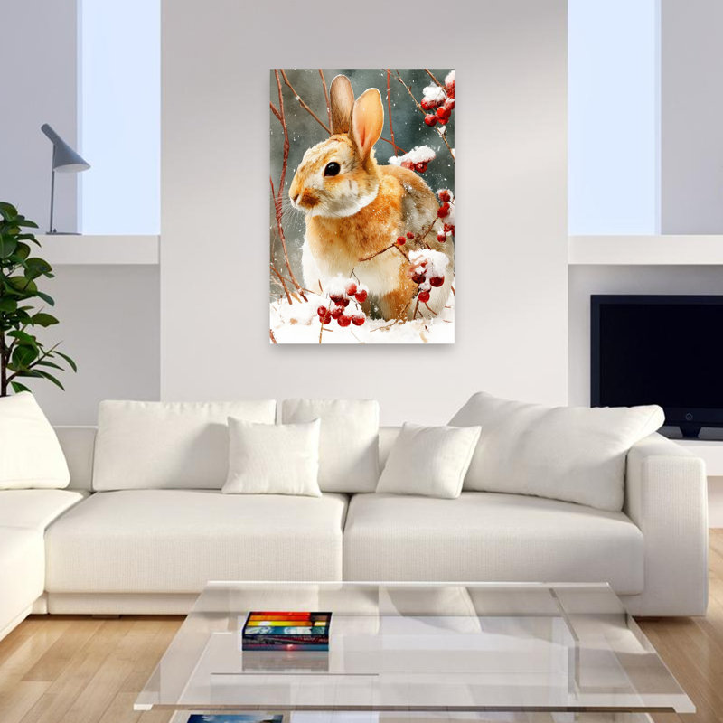 Hiver, lapin et baies, paisible, serein, abstrait, forêt, nature, art mural, 48" H x 32" W