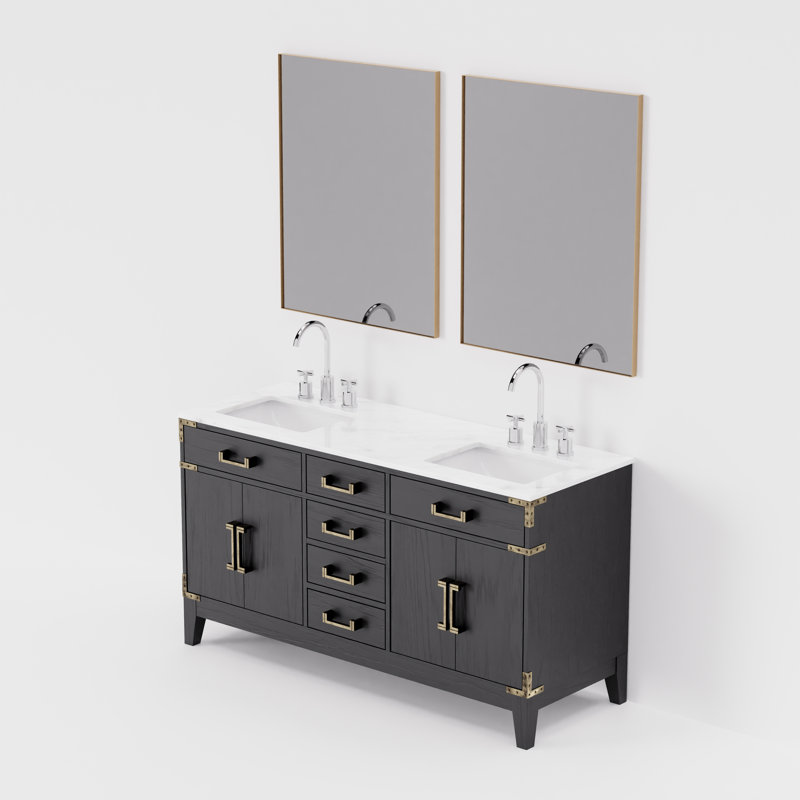 Ensemble de miroirs de salle de bain double 60 po x P 22 po avec robinet Laurel, Chêne noir, Marbre de Carrare blanc