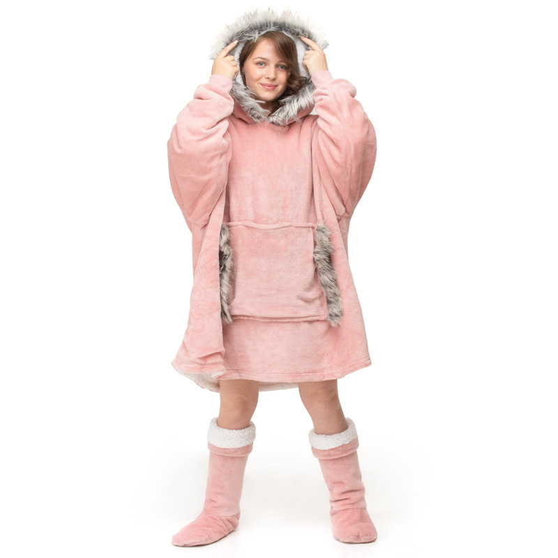 Aaleah Snug Oversize Hoodie Blanket Thermal Cosy Fur Trim With Pocket, Pink