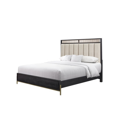 Grand lit avec finition grain de poivre et sangles en similicuir, tête de lit tapissier pour plus de confort, conception à matériaux mixtes, base à profil bas, profondeur 87,42 po, largeur 65,35 po, hauteur 63,08 po,