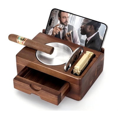 Cigar Ashtray, Wooden Cigar Ashtrays with Cigar Cutter, Phone Tablet Holder, Cigar Holder, Accessories Drawer and Lighter Slot