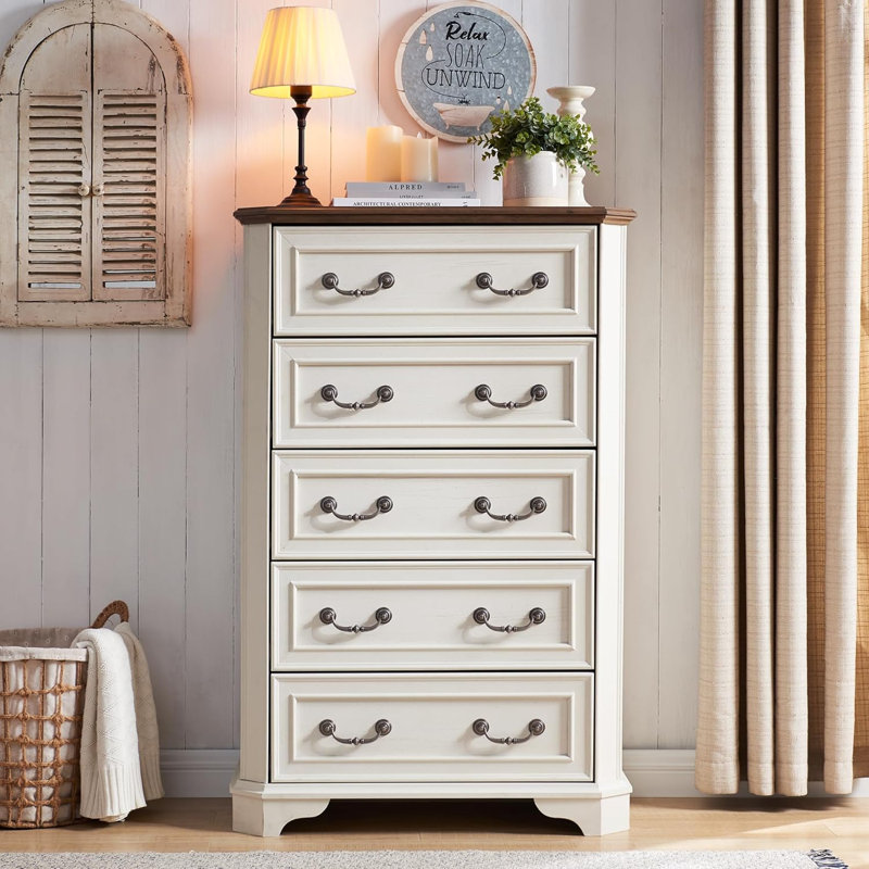 Theron 5-Drawer Manufactured Wood Tall Chest, Antique White