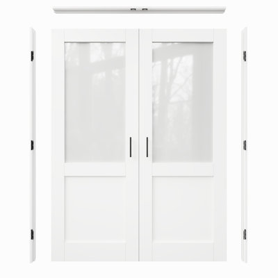 Interior Half-Lite Frosted Glass Door, CARB P2 MDF & SGCC Tempered Glass French Doors, Includes Frame & Matte Black Hardware-Ball Catches & Hinges & Handles, Pre‑Finished & Waterproof, Pantry, Bedroom, Bathroom & Closet, Easy DIY Stain, 64"x 80"