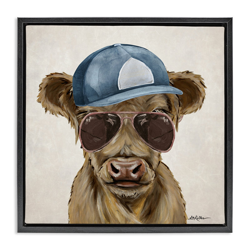 «Cool Bovins with Cap & Glasses», art mural encadré flottant, par Lee Keller, H 25 po x l 25 po, Cadre flottant noir de jais