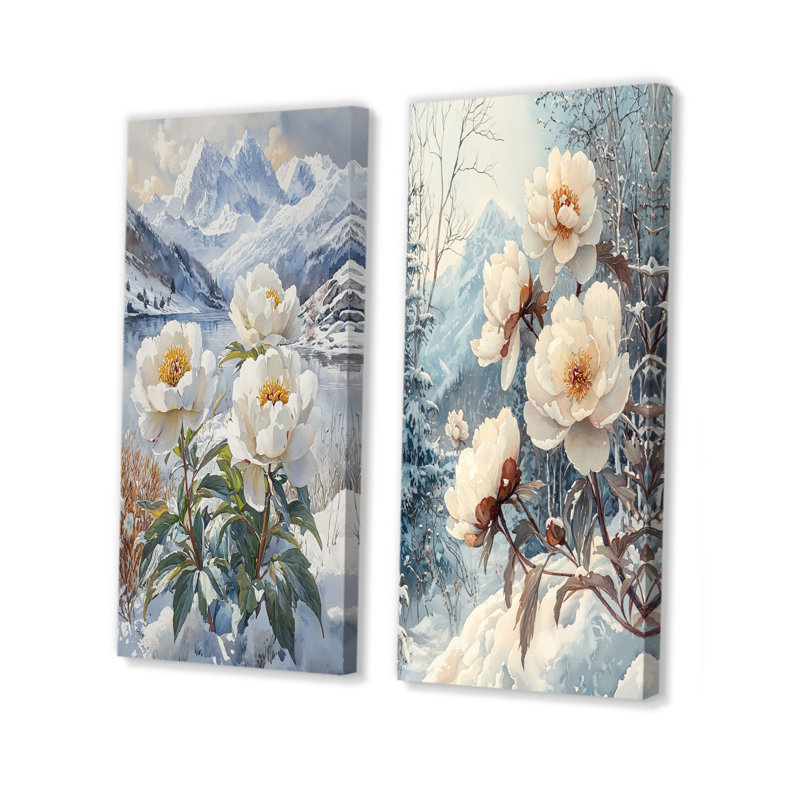 Pivoines enneigées dans la forêt I - Collection d'art mural floral 2 pièces, H 28 po x l 25 po, Toile tendue