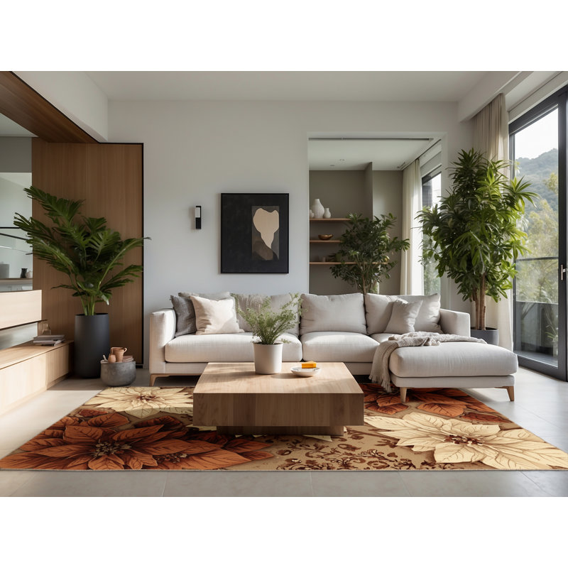 Tapis à poilsettia doux et moelleux à motif floral brun et beige, 7 x 10