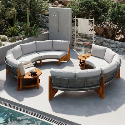 Ensemble de canapé d'extérieur 3 pièces pour 6, 2 canapés demi-cercles + table basse en bois d'acacia, ensemble de canapé de patio résistant aux intempéries, mobilier de jardin et de cour confortable