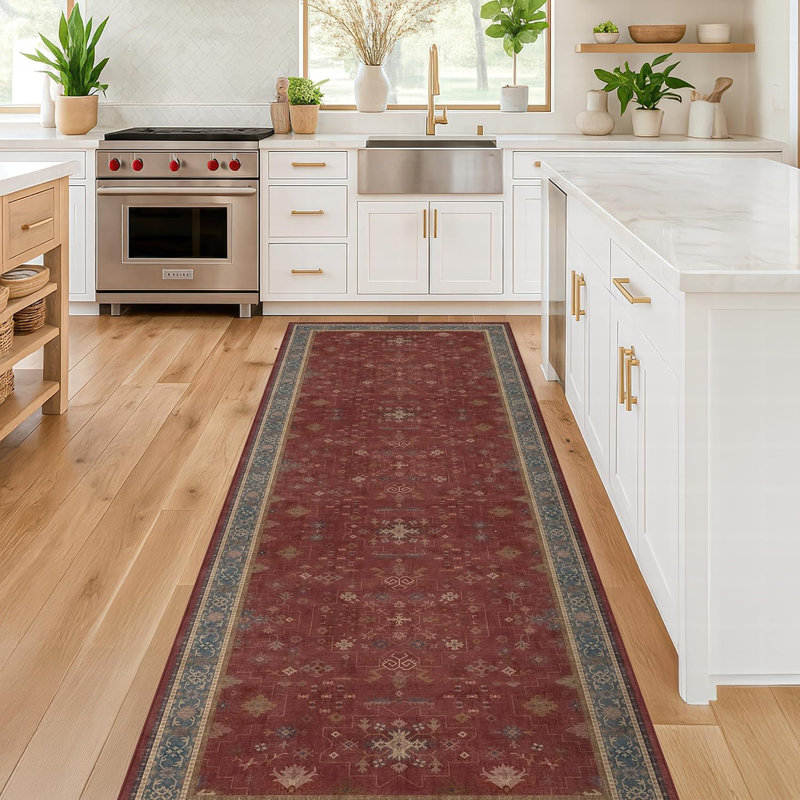 Tapis de couloir bohème vintage 76 cm x 244 cm, envers en caoutchouc antidérapant lavable, Bourgogne