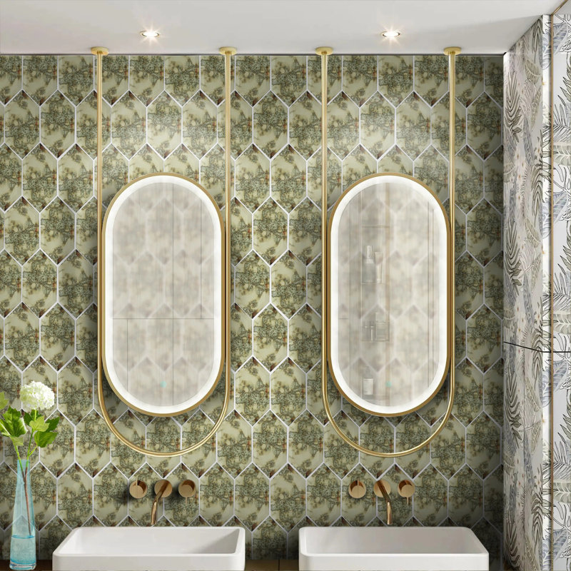 Carrelage mural en mosaïque de verre étiré hexagonal antique 4 po x 8 po (0,22 pi2 / pièce), Brun clair / vert