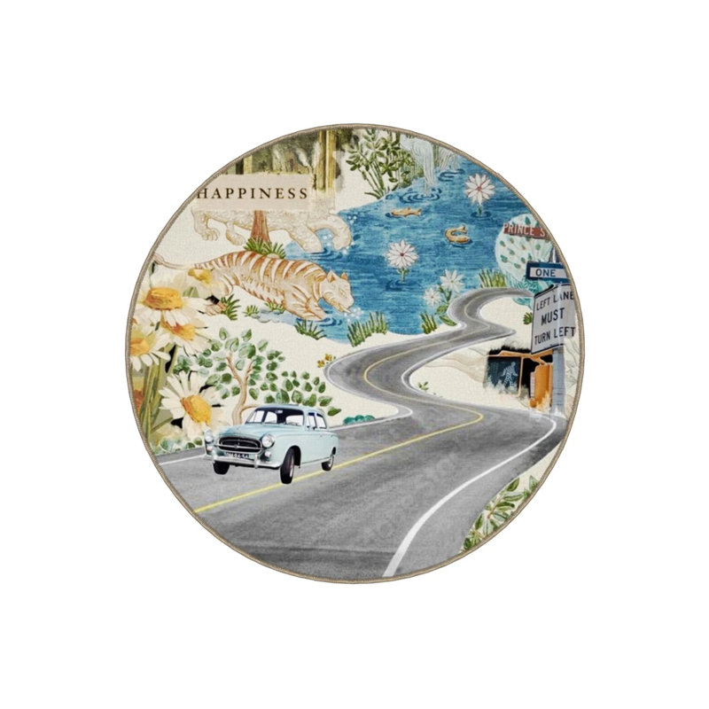 Nature Road Themed Car And Tiger Detailed Woven Base Modern Decorative Carpet, Round 5'