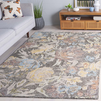 Tapis floral en laine / coton touffeté Caden gris anthracite / vert