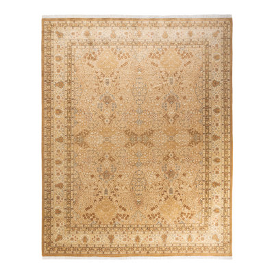 Tapis jaune / brun / ivoire noué à la main de conception unique 8 pi 1 po x 10 pi 2 po Hayner