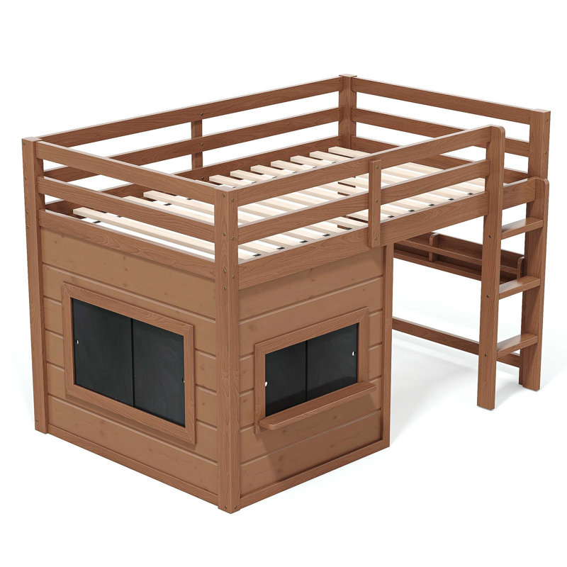 Lit mezzanine fantaisiste avec tableau noir coulissant et espace de jeu intégré, Naturel