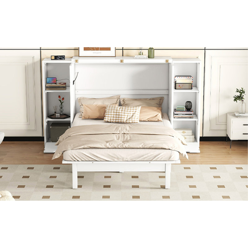 Lit pour petits espaces avec tablettes, tiroirs et rangement de tiroir blanc, tablettes, Blanc, Grand lit