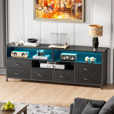 Meuble télé avec commode avec lumières DEL et station de charge, meuble télé avec 6 tiroirs en tissu