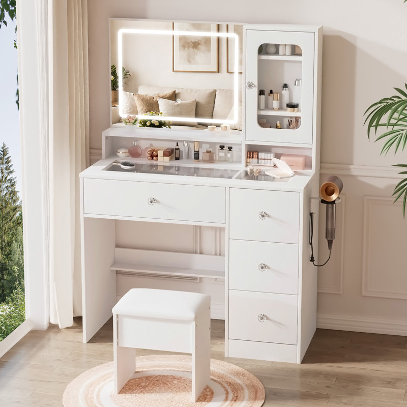 Coiffeuse de 90 cm de large, avec dessus en verre et armoire en acrylique, table de maquillage blanche pour chambre à coucher