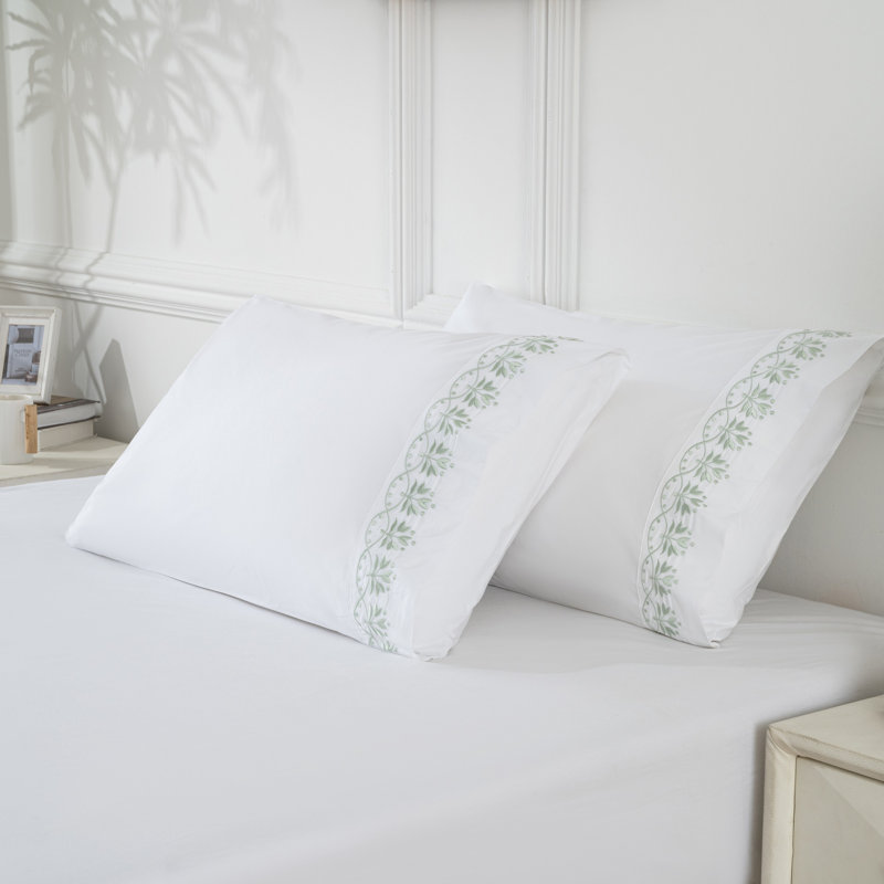 Resort Collection Embroidered Cotton Pillowcases, Floral Ethnic Design, Set of 2, 20"x30", Green