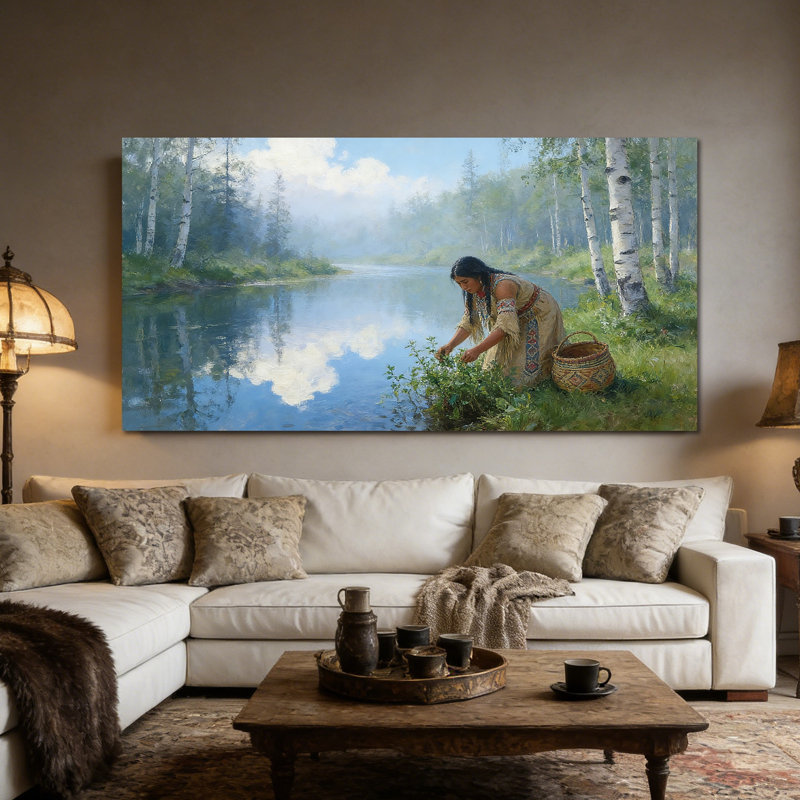  Reproduction d'art sur toile, peinture amérindienne Riverside, photo de décoration indienne, affiche sur toile pour salon, bureau mural, œuvre d'art de 20 po x 40 po