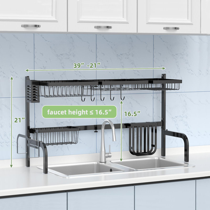 Adjustable Black Metal Over Sink Dish Drying Rack with Utensil Cup
