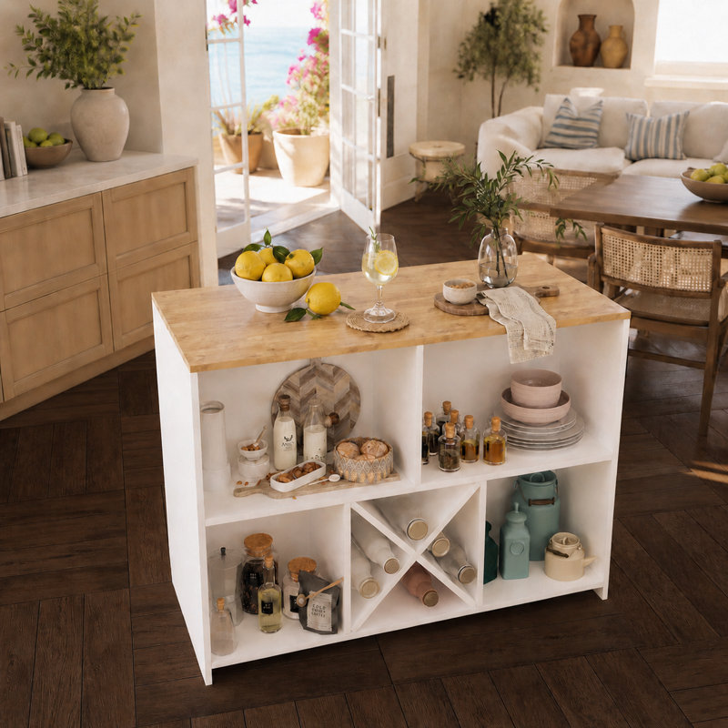 Monet Kitchen Island with Storage, 127 cm Freestanding Kitchen Unit with Solid Worktop, Open Shelving and Built-In Wine Rack, Modern Kitchen Island for Food Prep and Dining