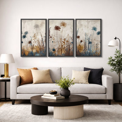 Vibrant Wildflower "Rustic Wildflowers Floral Artwork, Neutral Botanical Living Room Wall Pictures, 3 Pieces Canvas Giclee Print Wall Art" 16"x24"x3 pcs, 24"x36"x3 pcs