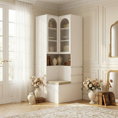 Armoire d'entrée de coin 78,7 "avec tiroirs, tablette ouverte et siège rembourré