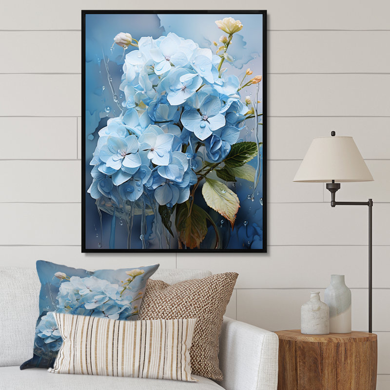 Blue Hydrangea Subtle Serenade " Blue Hydrangea Subtle Serenade ", 20" H x 12" W x 1" D, Black Floater Framed