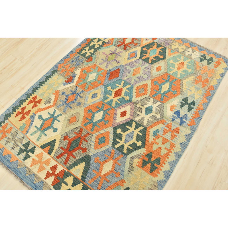 Tapis beige en laine noué à la main de conception unique 4 pi 2 po x 5 pi 10 po
