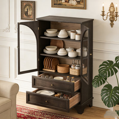 52.17"H Glass Door Display Case Storage Cabinet with 2 Drawers and Adjustable Shelf, Spacious Storage by Latitude Run