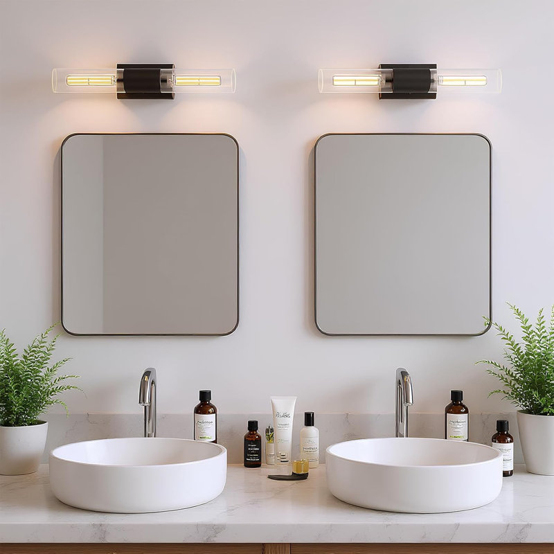 Ensemble de 2 appliques murales modernes, luminaires de salle de bain noirs avec abat-jour en verre transparent, éclairage de meuble-lavabo à 2 lumières pour miroir, chambre à coucher, couloir, base E26