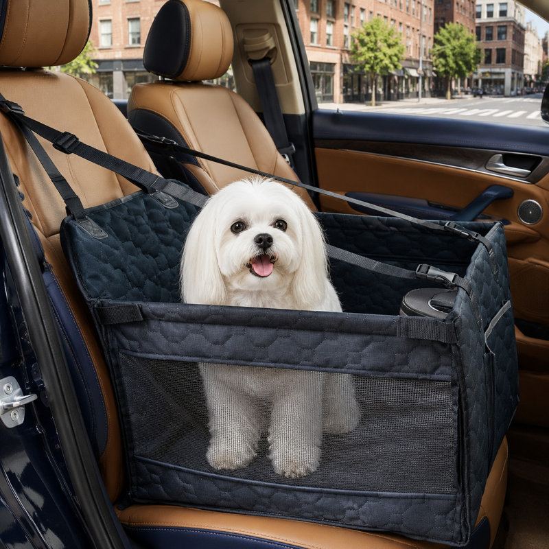 Sized Medium in Black for small and medium dogs under 30lbs, this pet car seat pairs breathable waterproof coverage with an adjustable safety belt and storage pockets.