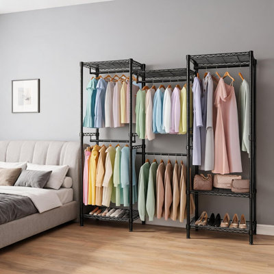 Portant à vêtements autoportant robuste avec étagères, 5 barres de suspension et 6 étagères métalliques réglables, capacité de charge de 650 kg, organisateur de garde-robe ouvert, rangement de vêtements portable en métal pour chambre, garde-robe, buanderie, noir