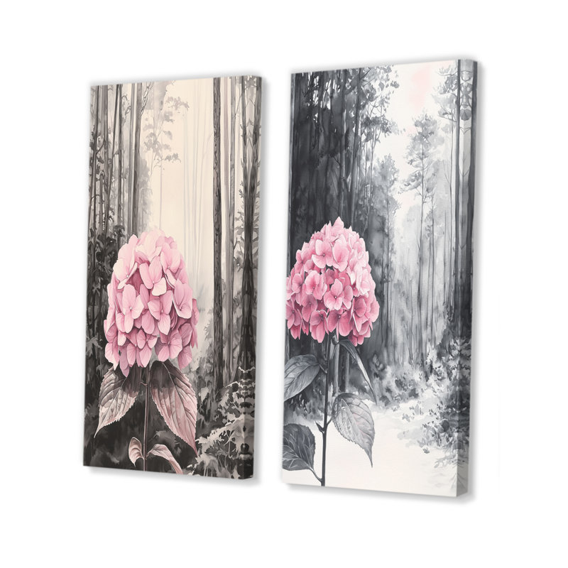 Hortensias dans la forêt monochrome I - Collection de 2 impressions sur toile florales, Toile tendue, H 32 po x l 33 po