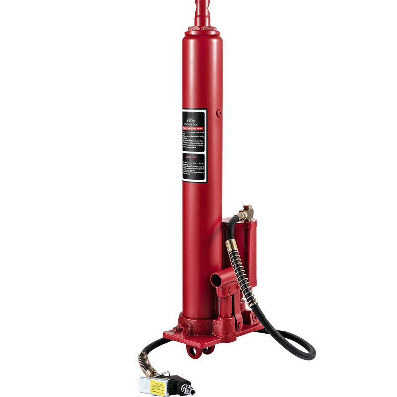 Hydraulic Pneumatic Long Ram Jack, 27.6" x 9.1" x 5.5", Steel, 1 Piece, Long Ram Jack with Clevis Base, Red, 8 Ton 17363 lbs Capacity with Single Piston Pump