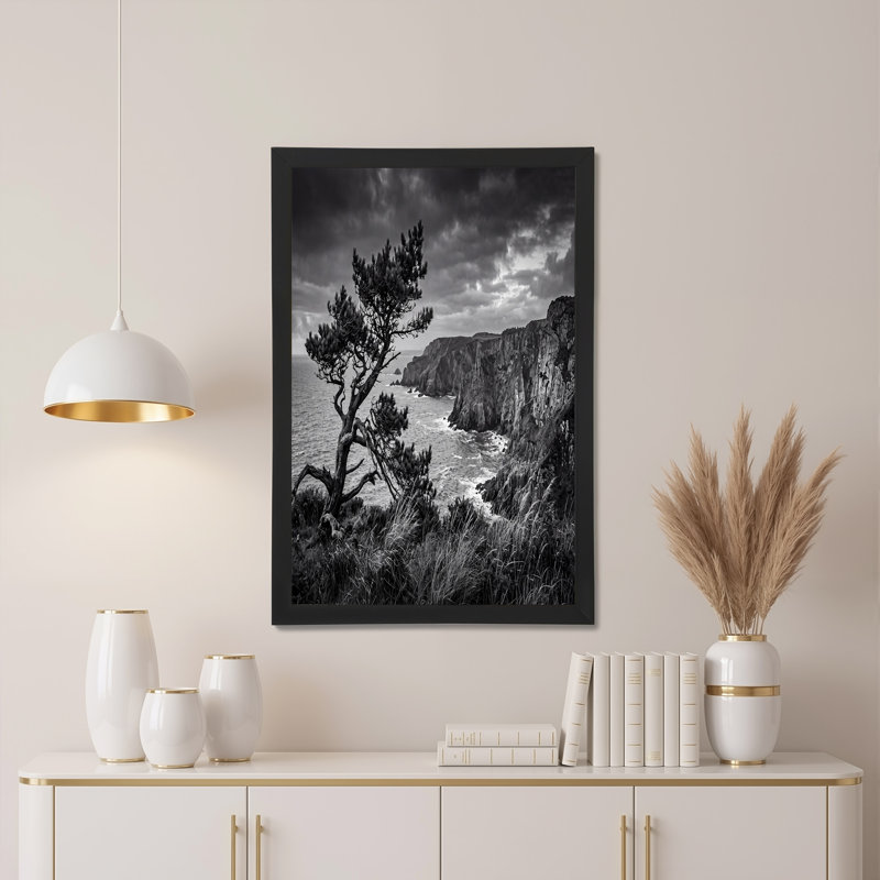 Arbre côtier et falaises rocheuses en noir et blanc, art mural sur toile, H 36 po x l 48 po