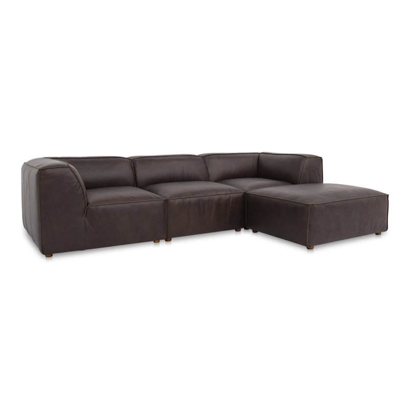 5-Piece Top-Grain Leather Modular Sectional with Ottoman, Tan Genuine Leather, 26" H x 112" W x 71.5" D