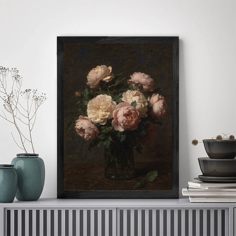 Reproduction d'art encadrée noire avec pivoines rétro, H 37 po x l 25 po