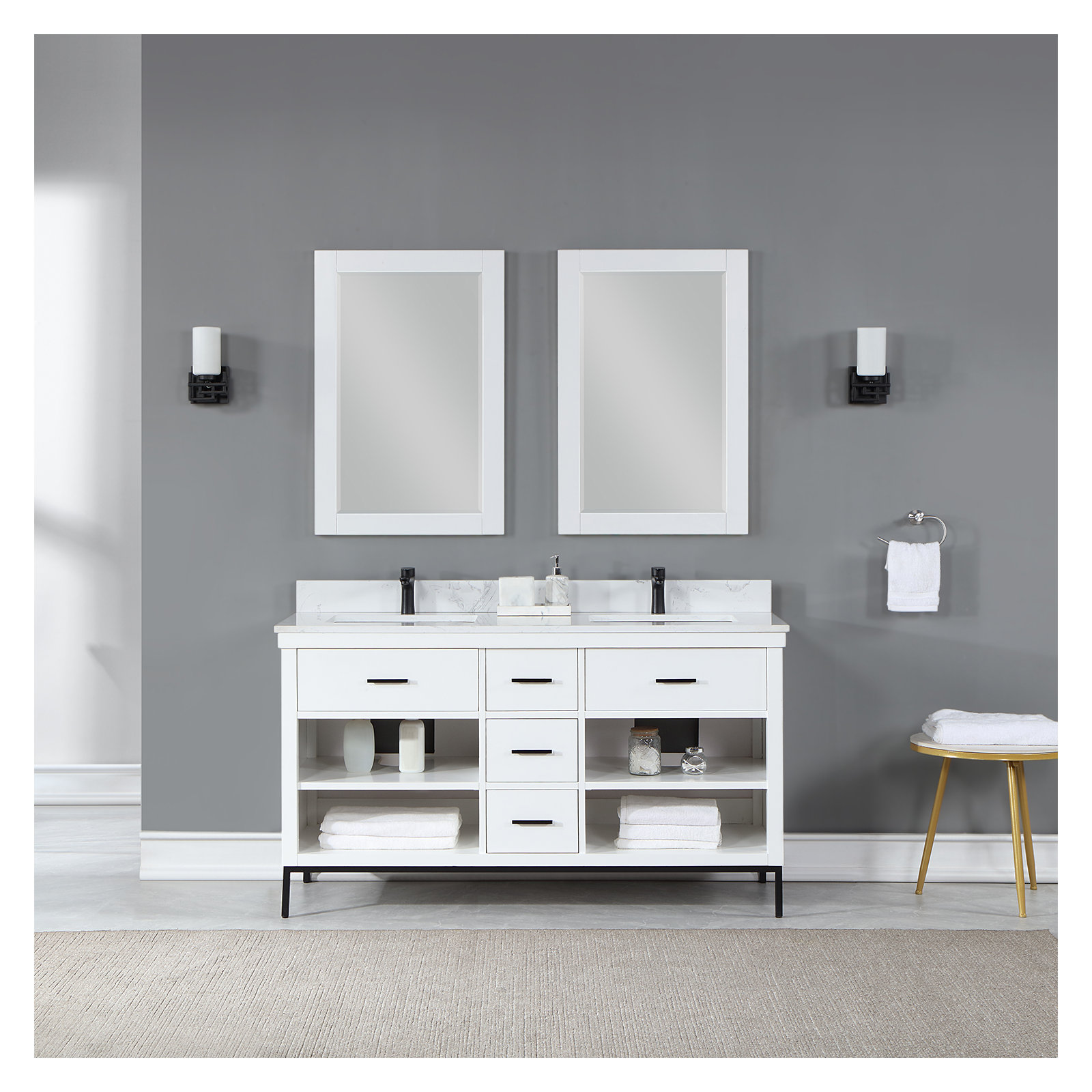 Adaire 60'' Double Bathroom Vanity, Matte Black, White
