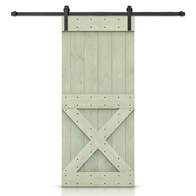 Porte de grange à panneaux et en bois avec quincaillerie d'installation, 30 po x 84 po, Vert sauge, Noir mat