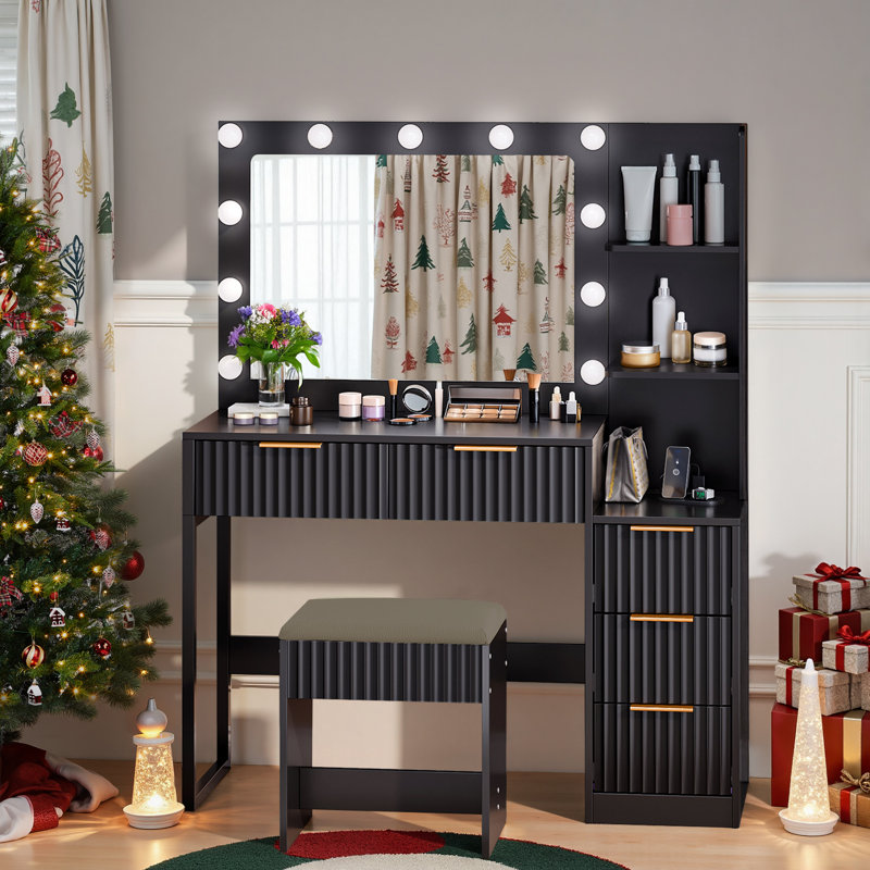 Lighted Vanity Set - 11pcs 3-Color Dimmable Bulbs, 5 Drawer, Black