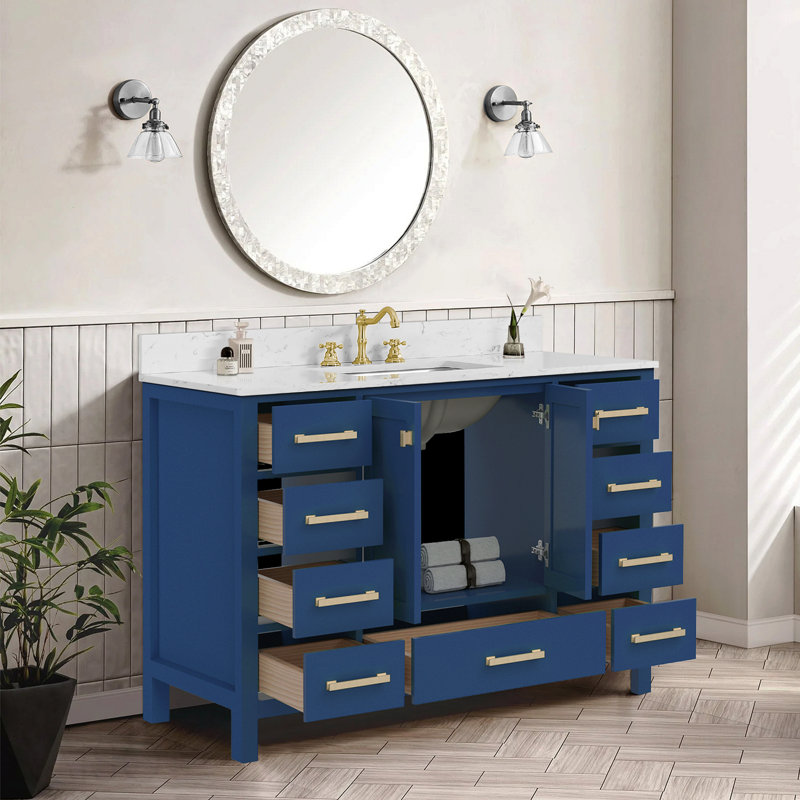 Meuble-lavabo autoportant 48 po avec comptoir 48 po, armoire de rangement en bois massif bleu, Bleu