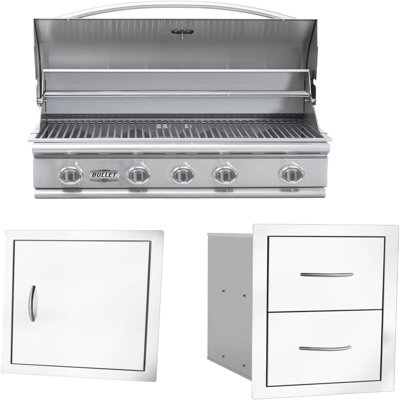 Ensemble de gril de cuisine d'extérieur en acier inoxydable Bullet par Bull, ensemble d'îlot de barbecue au gaz naturel intégré, comprend 5 brûleurs, porte d'accès simple et tiroir de rangement double