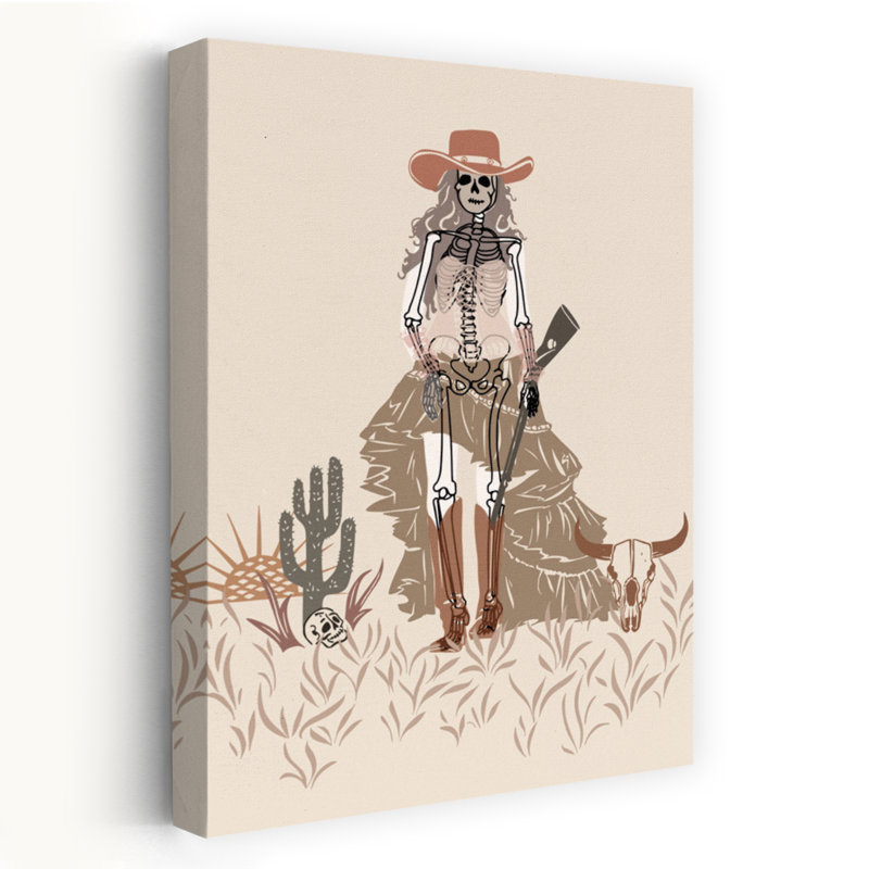 Bohemian Cowgirl Skeleton Rustic Abstract Cactus Animal Landscape Wall Art Print 1 Piece Wrapped Canvas Wall Art