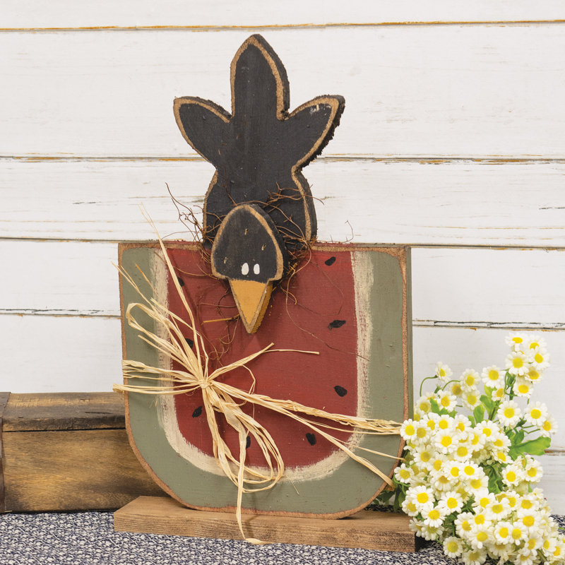 Rustic Wood Watermelon w/Crow on Base